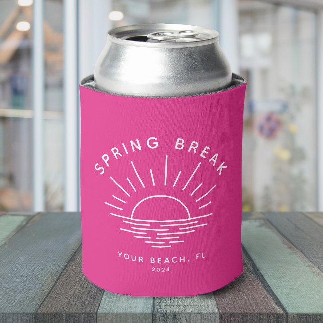 Porta-lata Local Personalizado de Quebra de Primavera Moderna (A hot pink can cooler with "Spring Break" and a minimalist sunset design + custom  text)