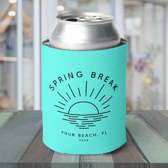 Porta-lata Local Personalizado de Quebra de Primavera Moderna (A light turquoise can cooler with "Spring Break" and a minimalist sunset design + custom text)