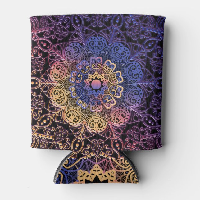 Porta-lata Mandala roxa e amarela: design desenhada à mão (Frente)