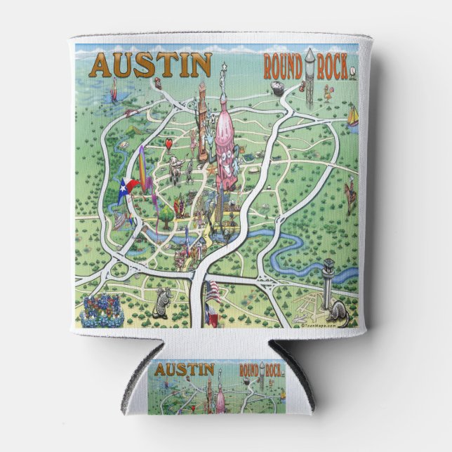 Porta-lata Mapa de diversão de Austin Round Rock Texas (Frente)