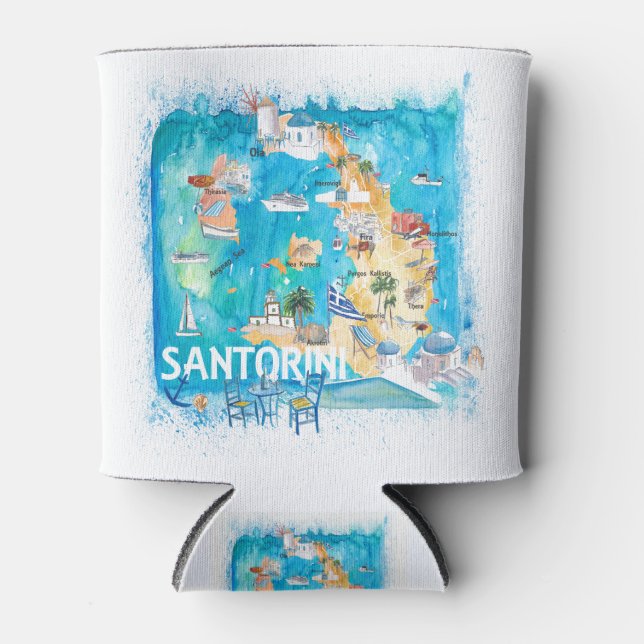 Porta-lata Mapa Ilustrado da Grécia Santorini com Estradas Pr (Frente)