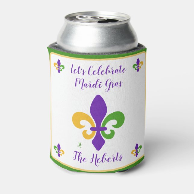 Porta-lata Mardi Gras NAME Green Gold Purple Fleur de Lis (Can Back)