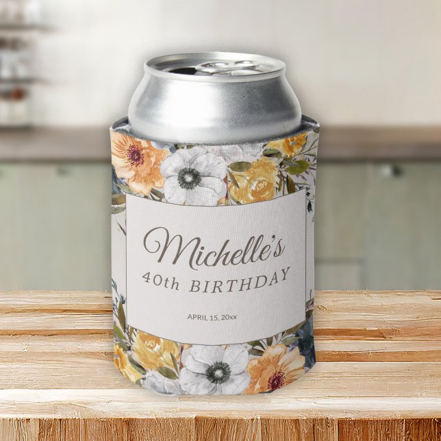 Porta-lata Marinho Amarelo Azul Floral Nome aniversário de 40 (Mustard yellow and navy blue watercolor floral women's 40th birthday party can cooler)