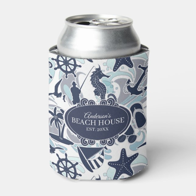 Porta-lata Marinho de padrão de praia náutica ID839 (Can Front)