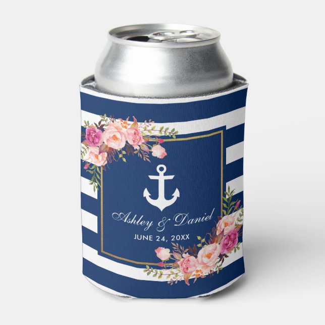 Porta-lata Marinho Náutico Azul, Floral Dourado Striped (Can Front)