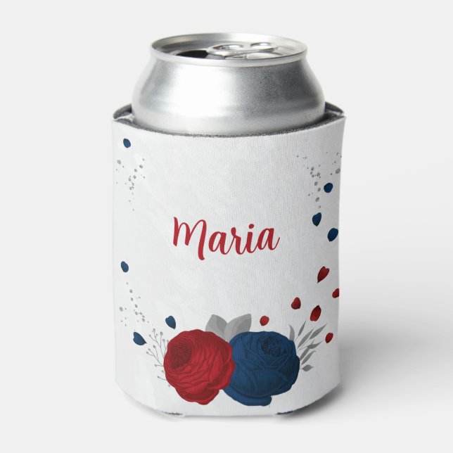 Porta-lata matrimônio botânico de prata, flores azuis e marin (Can Front)