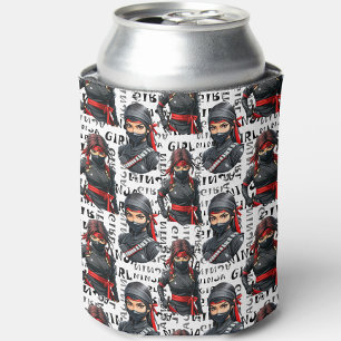 Porta-lata Meninas Ninja Anime com Design de Padrão de Texto
