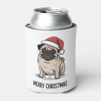 Porta-lata Merry Christmas Pug Dog Santa Hat Holiday Season