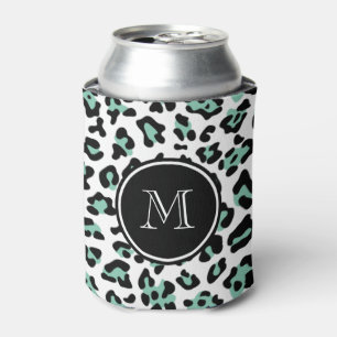 Porta-lata Mint Green Black Leopard Animal impresso com Monog