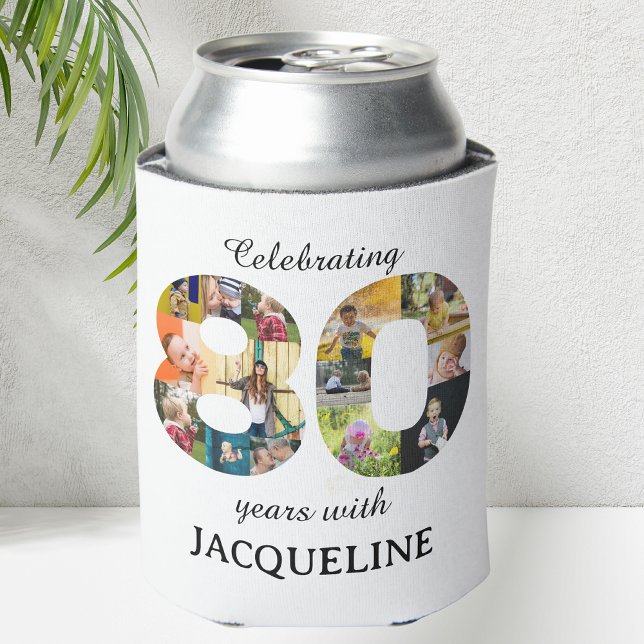 Porta-lata Modelo de convite de foto para 80º aniversário (80th birthday personalized can cooler with family photo collage template.)