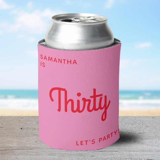Porta-lata Modern Retro Bright Personalizado 30 anos (personalised 30th birthday party drink cooler in a colorful bright retro font in pink and red)