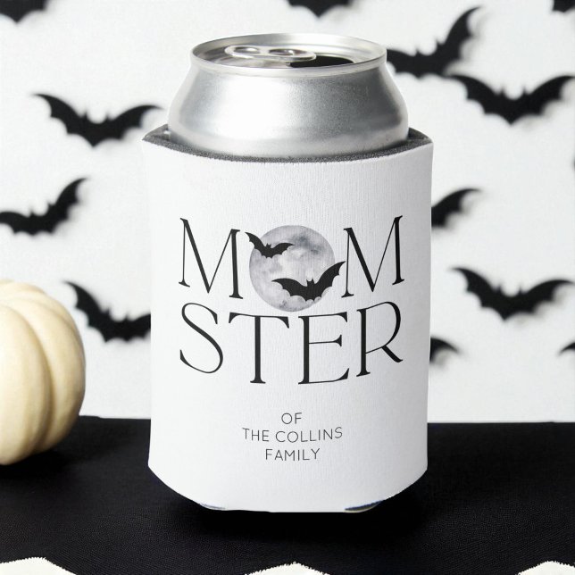 Porta-lata Moderna Lua Negra Morde Halloween Mãe (Modern Black Moon Bats Halloween Momster Mom Can Cooler)