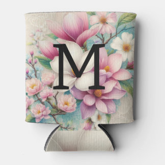 Porta-lata Monogram lace pink purple magnolias flowers 