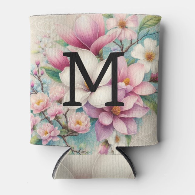 Porta-lata Monogram lace pink purple magnolias flowers  (Frente)
