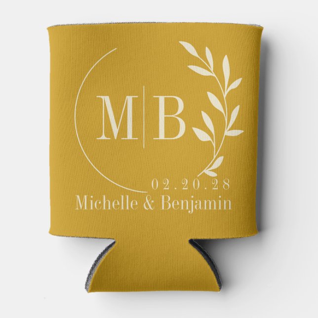Porta-lata Monograma de Casamento com Folha de Ocre Dourado d (Frente)