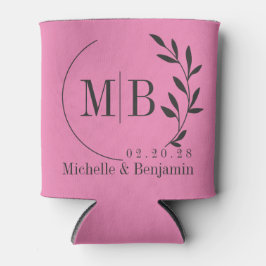 Porta-lata Monograma de casamento com folhas rosa e preto