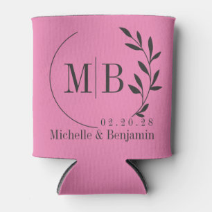 Porta-lata Monograma de casamento com folhas rosa e preto