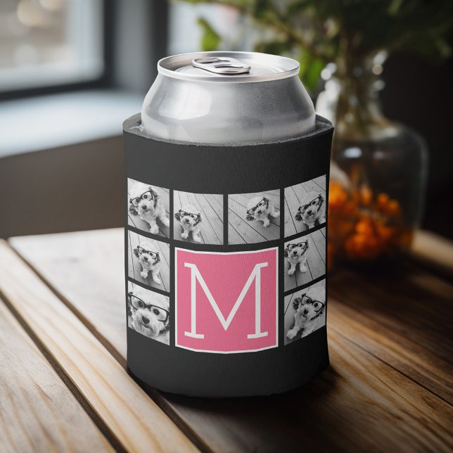 Porta-lata Monograma de Colagem de Fotografias Preto a Quente (Personalized can cooler with an area to add photos and custom text)
