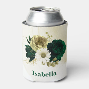 Porta-lata Monograma de flores de ouro de marfim verde-esmera