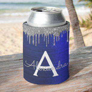 Porta-lata Monograma de Metal Escovado com Brilho Azul Marinh