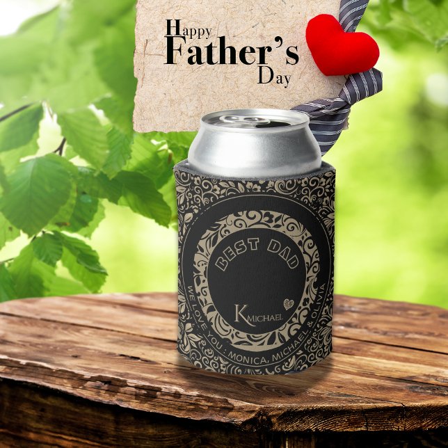 Porta-lata Monograma de Padrão Floral Dourado Preto Personali (Personalized Black Gold Floral Pattern Monogram Can Cooler)