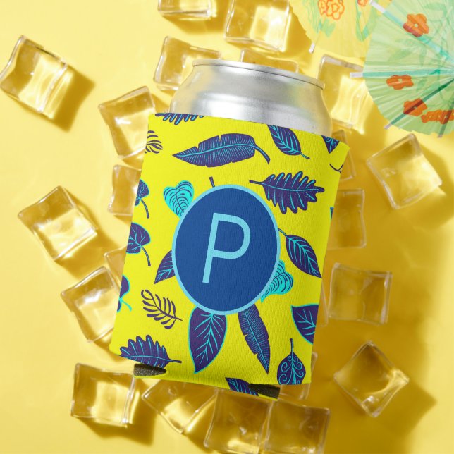 Porta-lata Monograma de Padrão Tropical Folha Amarelo Brilhan (Verão in situ)