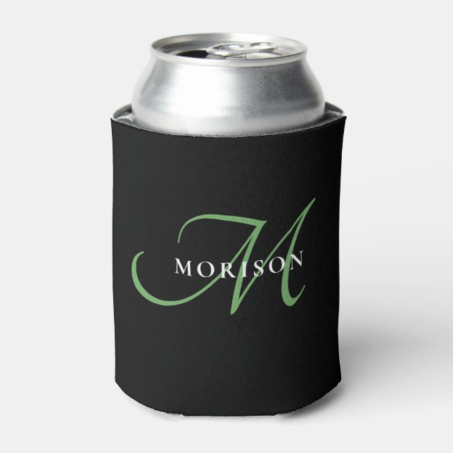 Porta-lata Monograma de Script Verde Preto Moderno Elegante (Can Front)