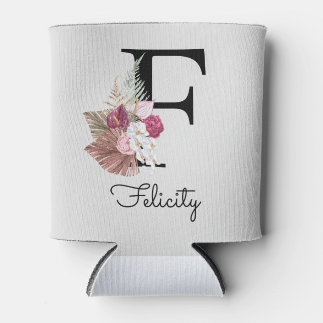 Porta-lata Monograma Inicial F Floral Rosa (Frente)