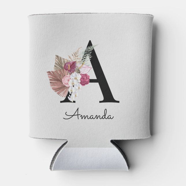 Porta-lata Monograma Inicial Um Boho Rosa Girly Floral (Frente)