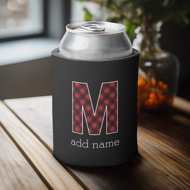 Porta-lata Monograma - Letra M - Xadrez de Buffalo Preto e Ve (Celebrate with a personalized can cooler - add your name or monogram. Great party favor or gift)