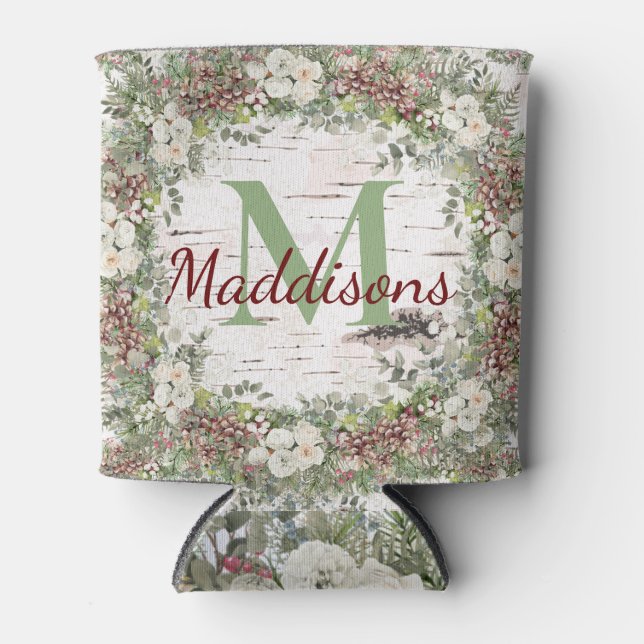Porta-lata Monograma Nome da Woodland White Rose Pinecone (Frente)