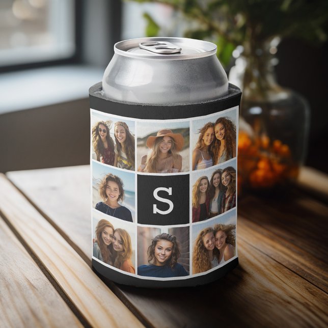 Porta-lata Monograma Personalizado de Colagem de Fotos em Pre (Personalized can cooler with an area to add photos and custom text)