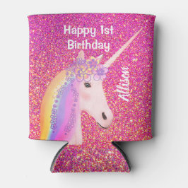 Porta-lata Monograma Rosa do Partido do primeiro aniversario 