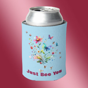 Porta-lata Monograma Simples Floral de Aquarela, Abelha em az