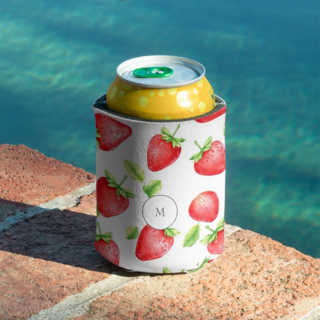 Porta-lata Morangos com aquarelas monogramas de Verão moderno (Piscina in situ)