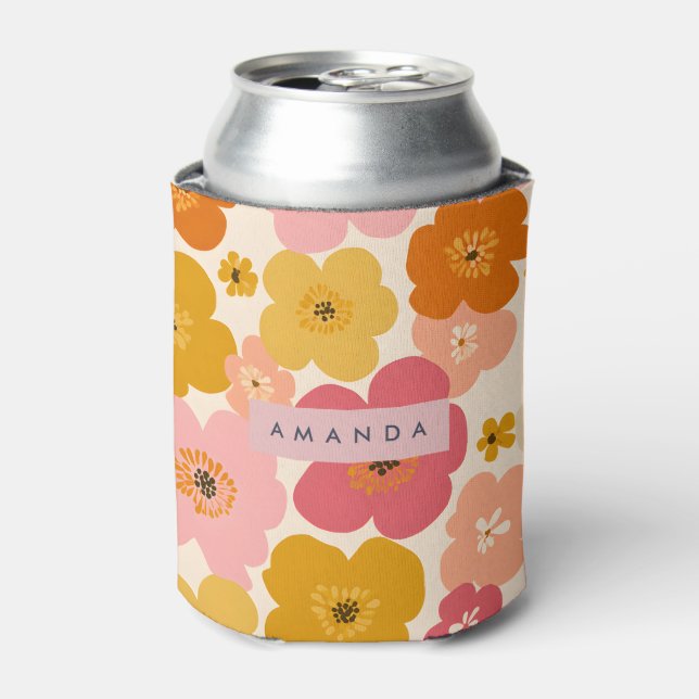Porta-lata Mostarda Retro Personalizada e Flores Rosa Florais (Can Front)