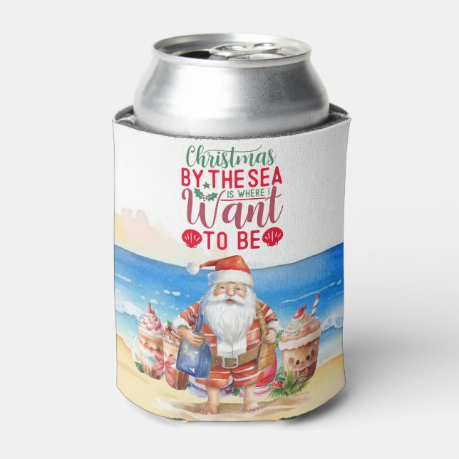 Porta-lata Natal de verão com Papai Noel na praia engraçado (Can Front)