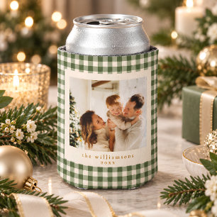 Porta-lata Natal Foto Personalizada Xadrez Verde Gingham Fofo