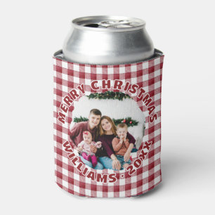 Porta-lata Natal Plaid Vermelho com Foto da Família Personali