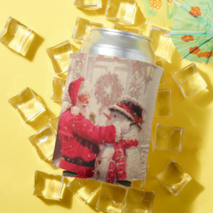 Porta-lata Natal Vintage com Papai Noel e Boneco de Neve