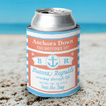 Porta-lata Náutica Anchor Funny | Nome da Embarcação Personal<br><div class="desc">Estes resfriadores de espuma personalizados e engraçados são feitos em tons náuticos de branco, azul e coral rosa / salmão. Dizem, "Anchor para baixo e para cima!" com espaço para o seu monograma e nome. Abaixo, você pode adicionar mais três linhas de texto personalizadas, como o nome do seu barco....</div>