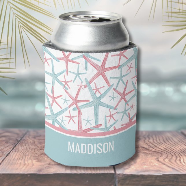 Porta-lata Nome Cute Coastal Tropical Beach (Cute Coastal Teal Pink Starfish Tropical Beach Can Cooler)