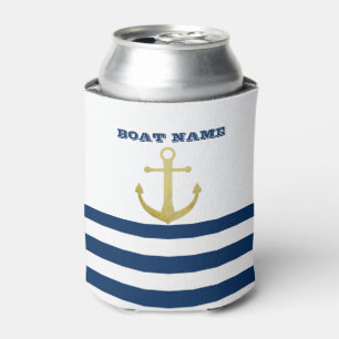 Porta-lata Nome de Barco Náutico, Âncora Dourada Listras Azul