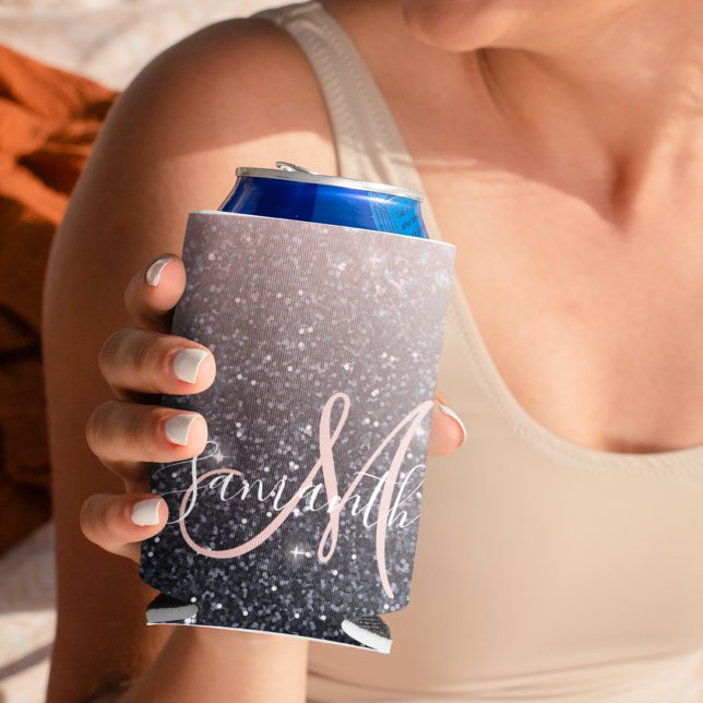 Porta-lata Nome de cintilações preto e rosa modernos (Criador carregado)