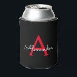 Porta-lata Nome do Monograma da Rapariga do Script Preto Verm<br><div class="desc">Aniversário Elegante de Script Simples Preto e Vermelho ou Festa de solteira pode arrefecer. Esses refrigeradores de Casamento,  Chá de panela ou Festa de aniversário podem ser personalizados para incluir seu primeiro nome. Entre em contato com o designer para obter itens correspondentes personalizados.</div>