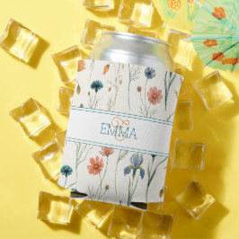 Porta-lata Nome Monograma Boho Padrão de Flor Silvestre Laran