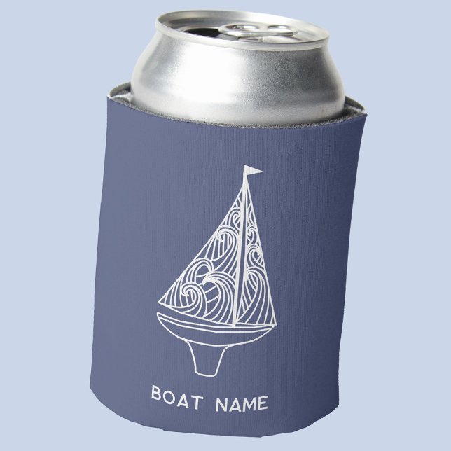 Porta-lata Nome Náutico da Embarcação de Navegação (Sailing boat custom text boat name blue and white modern can cooler)