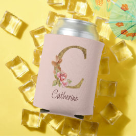 Porta-lata Nome Personalizado Folha de Ouro Blush Rosas Rosa 