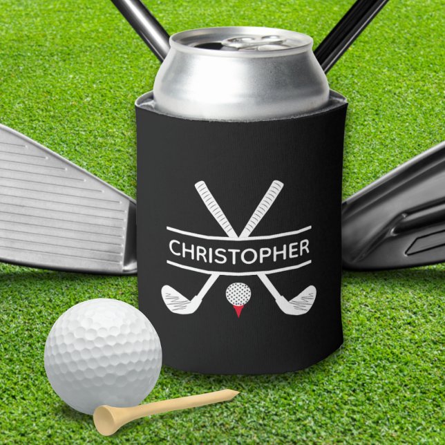 Porta-lata Nome Personalizado Golf Vermelho Branco Negro (Custom Name Black White Red Golf Can Cooler)