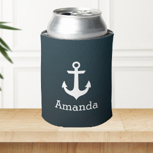 Porta-lata Nome personalizado Ombre azul da âncora branca